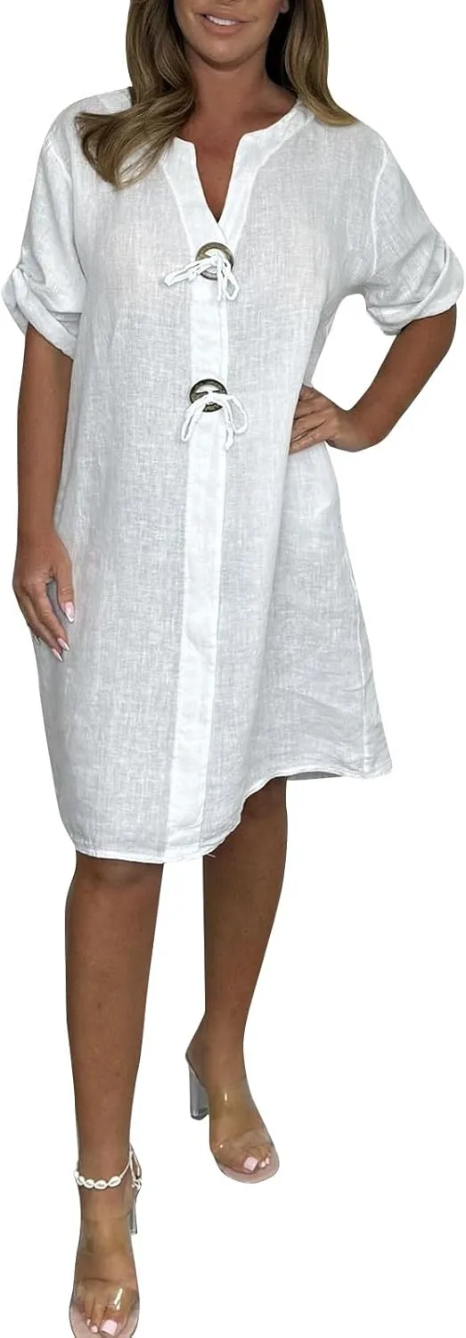 Womens Plus Size Linen Midi Dresses Trendy Summer Fall Long Sleeve Casual Button Elegant Formal Knee Length Dress