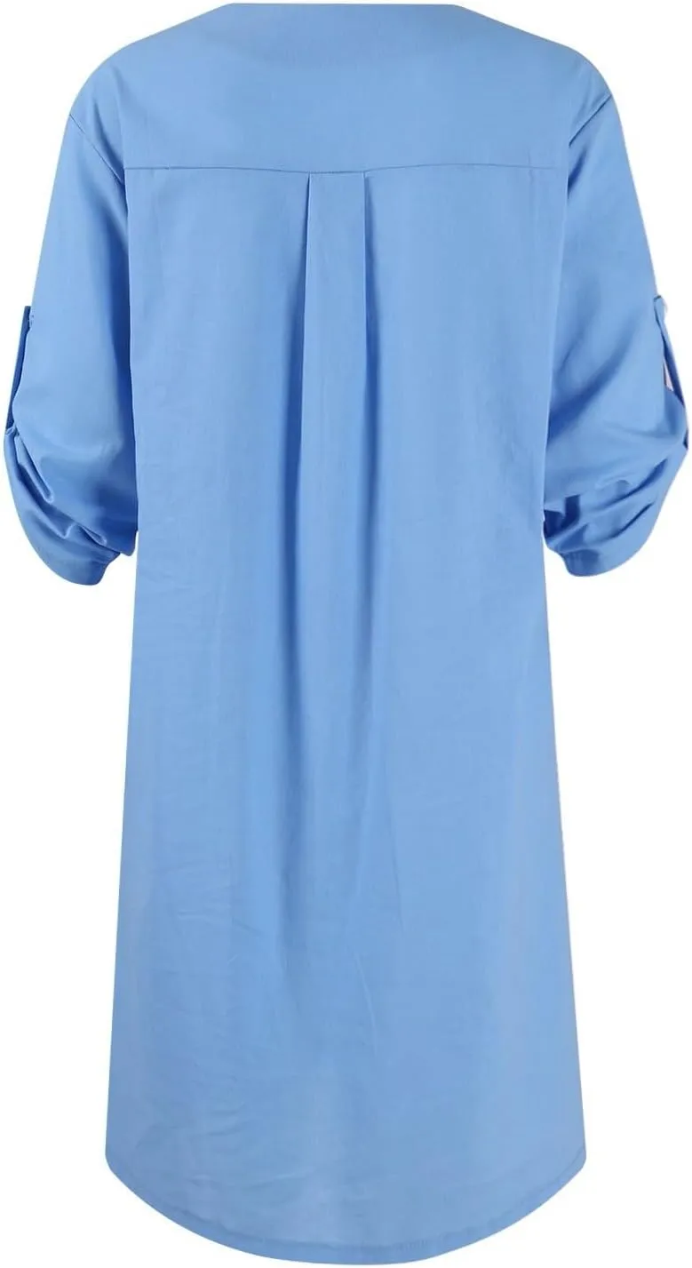 Womens Plus Size Linen Midi Dresses Trendy Summer Fall Long Sleeve Casual Button Elegant Formal Knee Length Dress