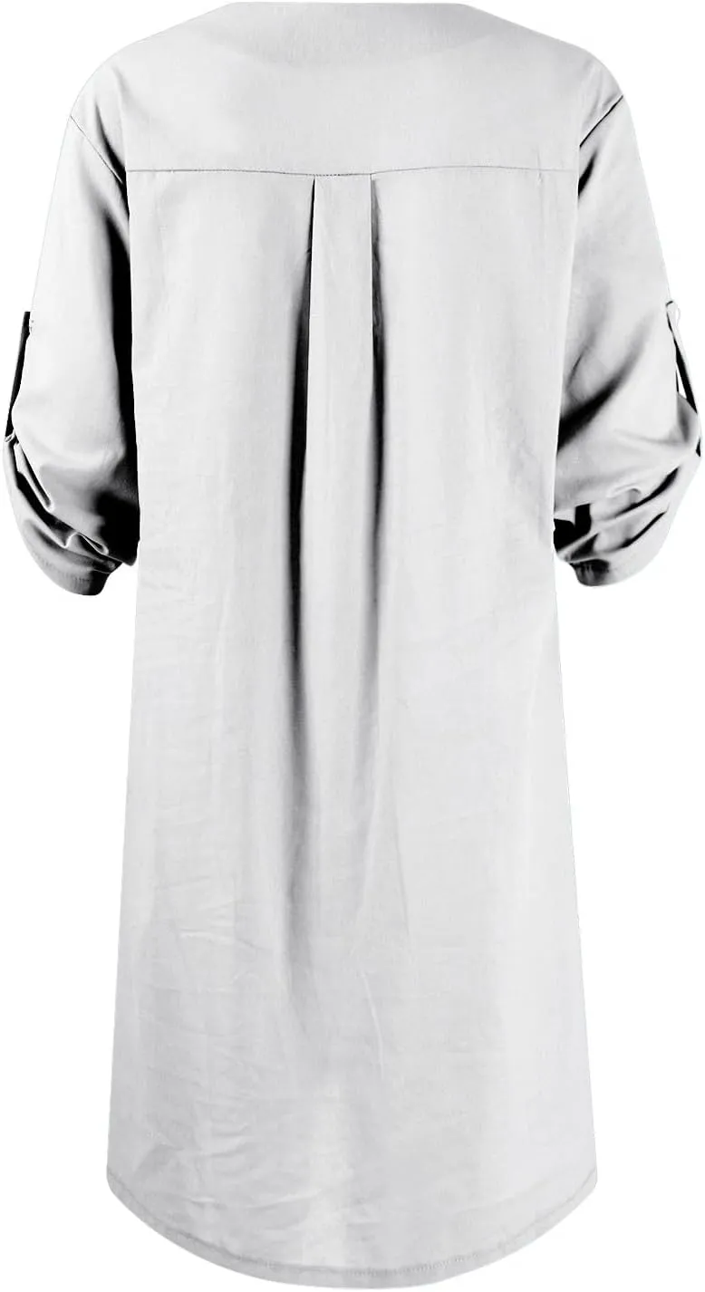 Womens Plus Size Linen Midi Dresses Trendy Summer Fall Long Sleeve Casual Button Elegant Formal Knee Length Dress