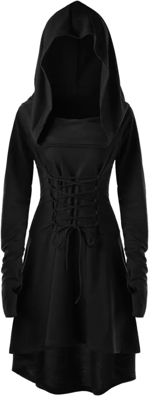 Womens Renaissance Costumes Hooded Robe Lace Up Vintage Pullover High Low Long Hoodie Dress