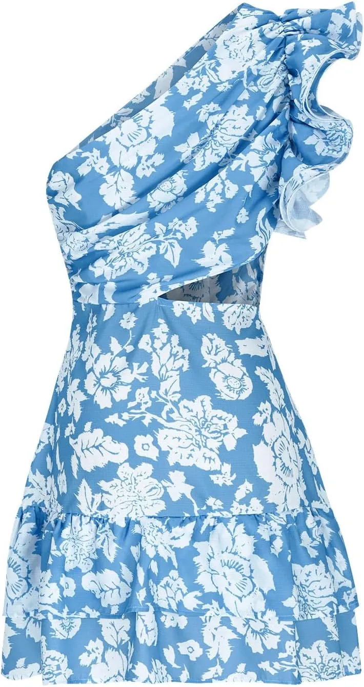 Womens Ruffles Mini Dresses Sexy Backless One Shoulder Boho Style Floral Dance Dress Beach Casual Sundress