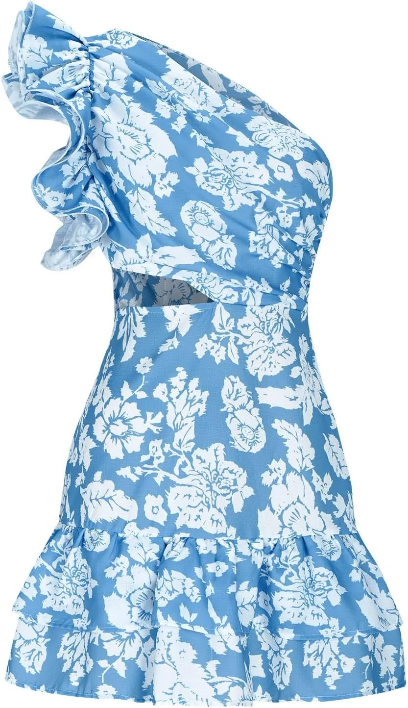 Womens Ruffles Mini Dresses Sexy Backless One Shoulder Boho Style Floral Dance Dress Beach Casual Sundress