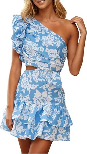 Womens Ruffles Mini Dresses Sexy Backless One Shoulder Boho Style Floral Dance Dress Beach Casual Sundress
