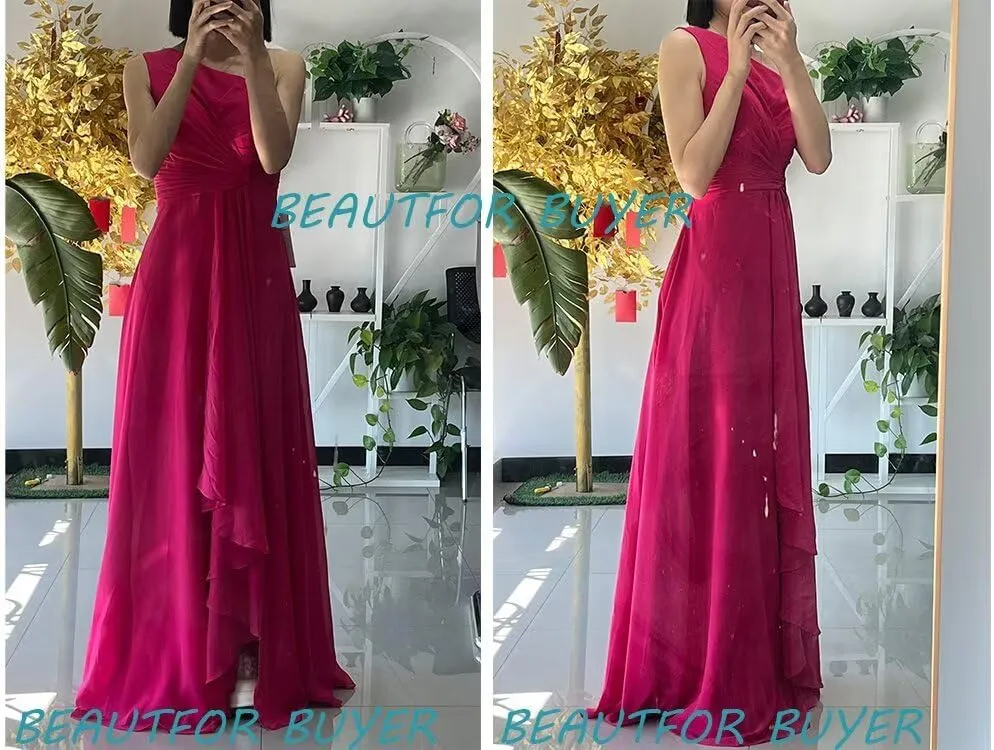 Women's Split One Shoulder Bridesmaid Dresses Long with Pockets Pleated Chiffon Formal Dresses BF20