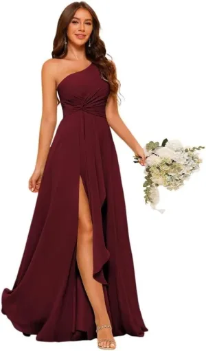 Women's Split One Shoulder Bridesmaid Dresses Long with Pockets Pleated Chiffon Formal Dresses BF20