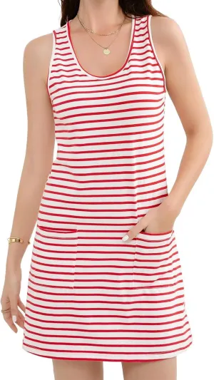 Womens Striped Summer Dress Sleeveless Tank Mini Dress Casual Sundresses with Pockets Beach Vacation Oufits