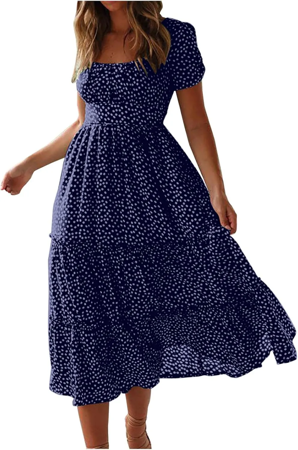 Women's Summer Boho Floral Dress Fashion Pleated Multi-Layer Ruffle Trim Long Dress Beach Vacation Outfits