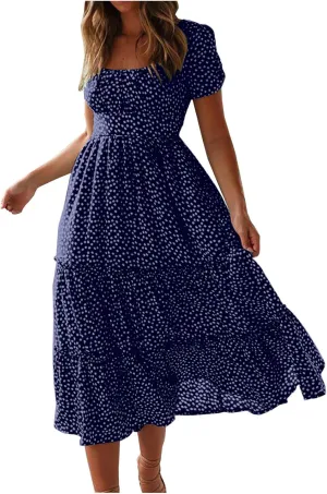 Women's Summer Boho Floral Dress Fashion Pleated Multi-Layer Ruffle Trim Long Dress Beach Vacation Outfits
