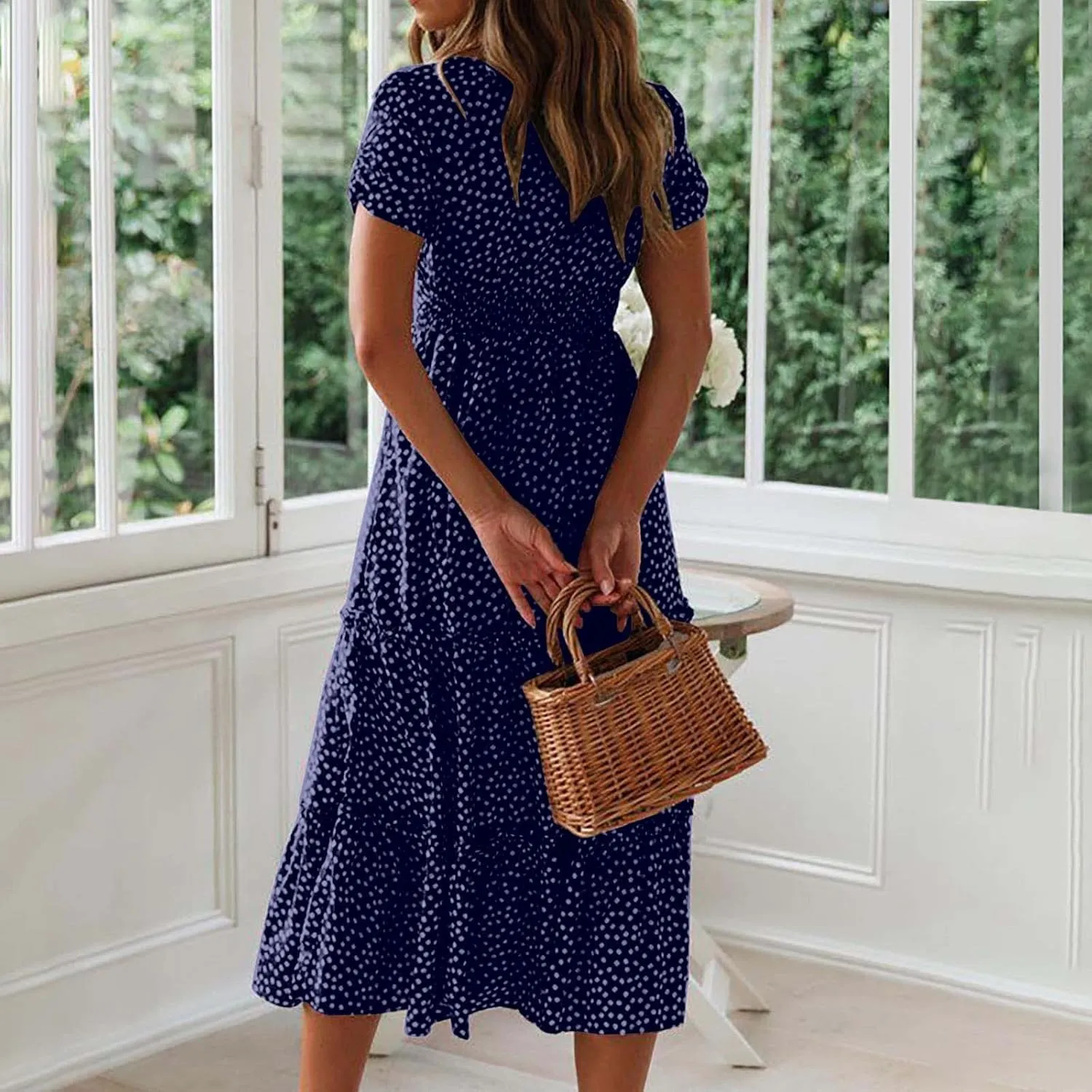 Women's Summer Boho Floral Dress Fashion Pleated Multi-Layer Ruffle Trim Long Dress Beach Vacation Outfits
