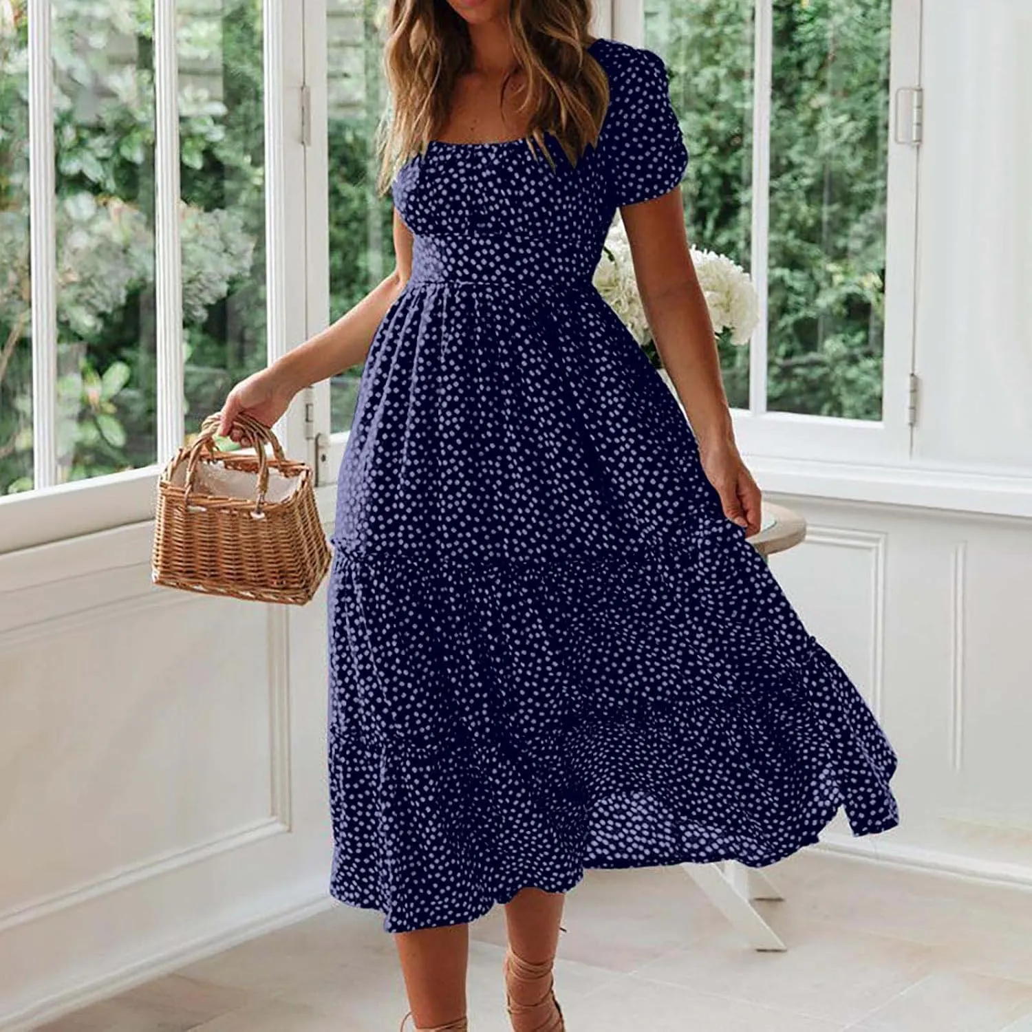 Women's Summer Boho Floral Dress Fashion Pleated Multi-Layer Ruffle Trim Long Dress Beach Vacation Outfits