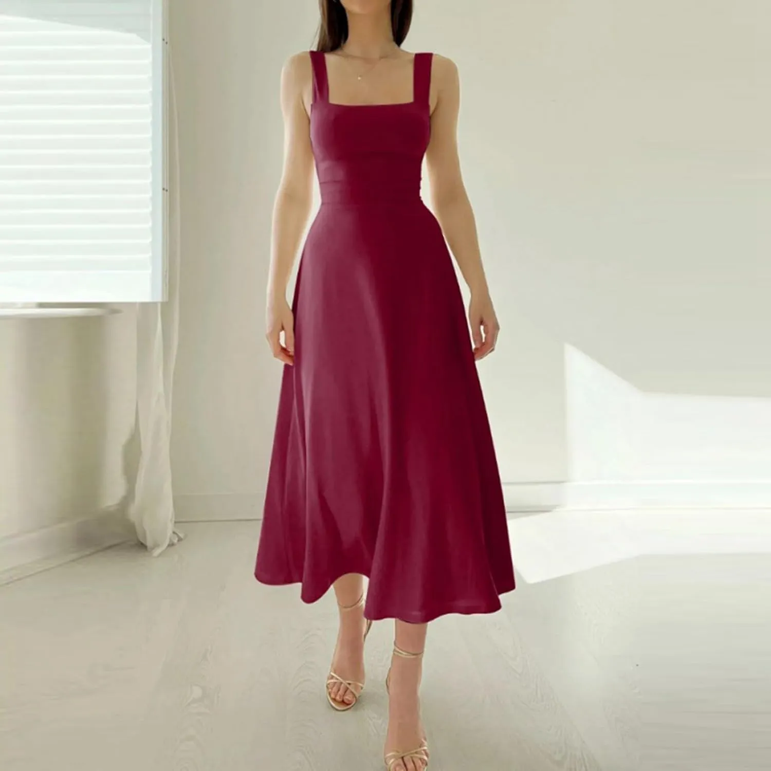 Womens Summer Casual Sleeveless Midi Dresses Scoop Neck Fit & Flare A-Line Flowy Long Sundress Beach Outfits