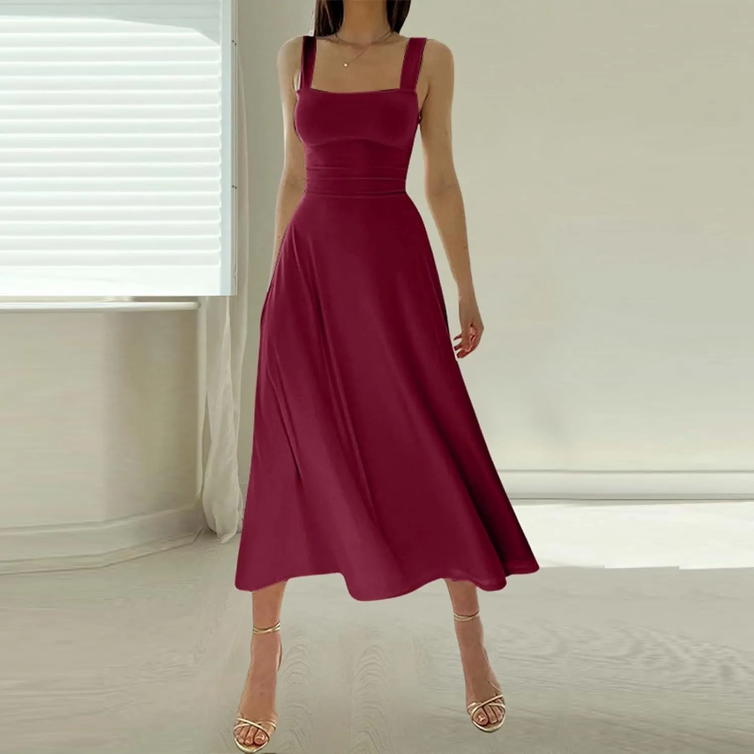Womens Summer Casual Sleeveless Midi Dresses Scoop Neck Fit & Flare A-Line Flowy Long Sundress Beach Outfits