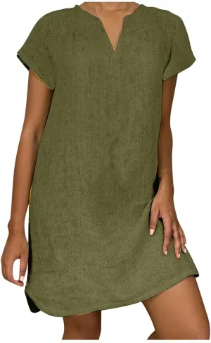 Womens Summer Cotton Linen Dresses Casual V Neck Short Sleeve Midi Dress Floral Embroidery Shirt Dress Plus Size S-5X Deals of The Day 2024 Vacation Sun Dresses Women, XX-Large, Army Green R