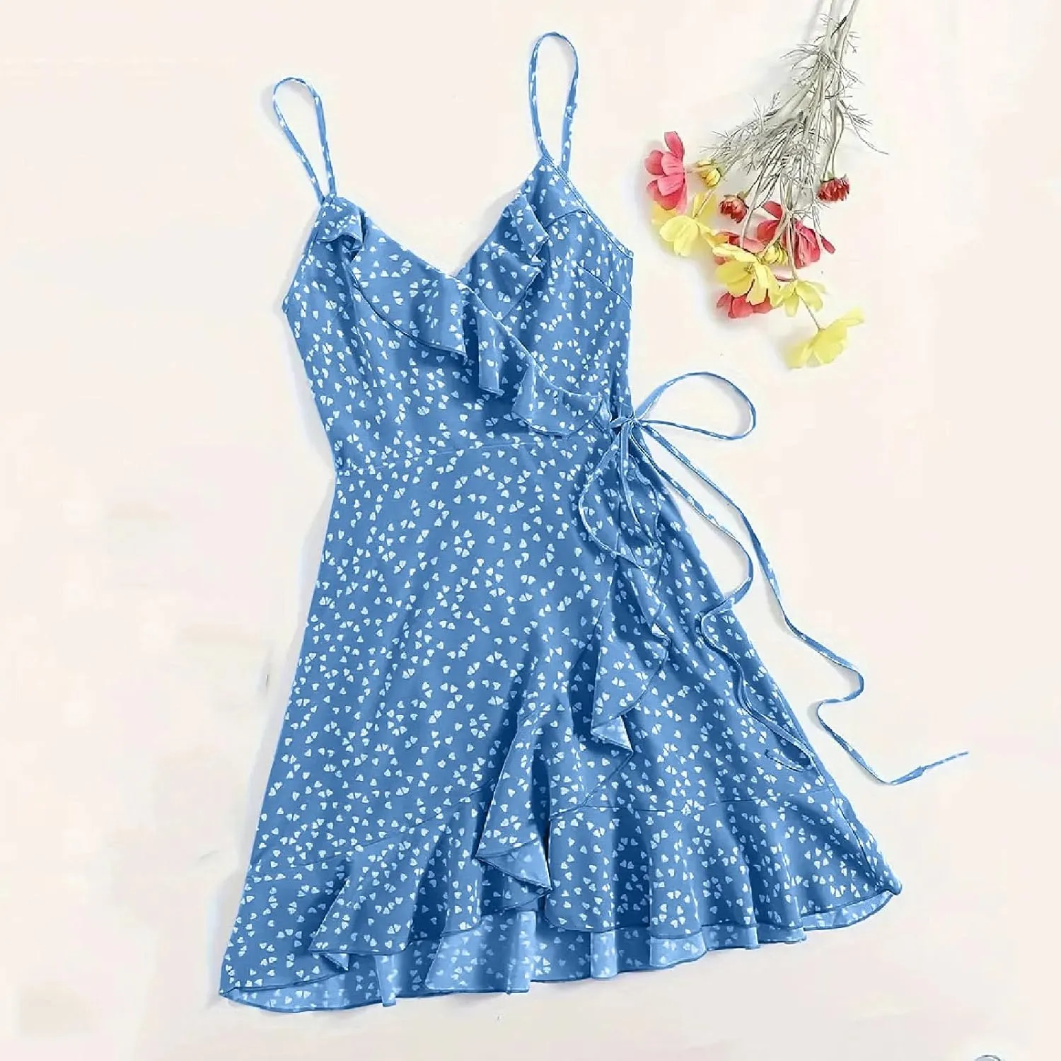 Womens Summer Floral Dress Pleated Ruffle Trim Spaghetti Strap Mini Dress Sexy V Neck Beach Vacation Sundress