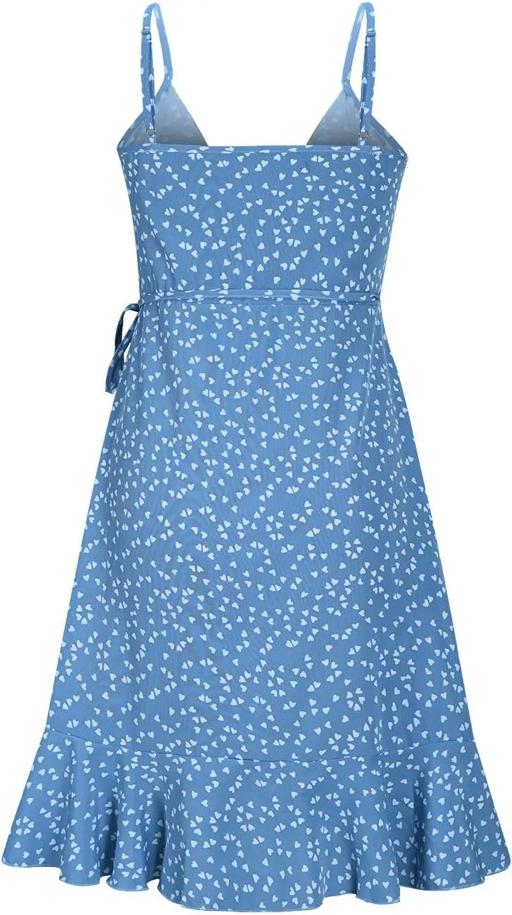 Womens Summer Floral Dress Pleated Ruffle Trim Spaghetti Strap Mini Dress Sexy V Neck Beach Vacation Sundress