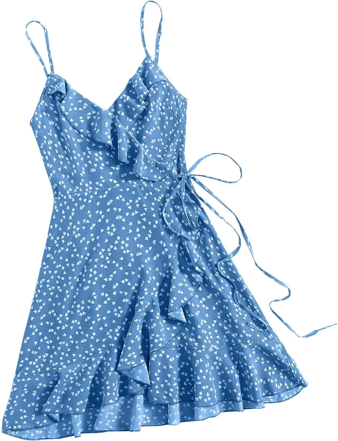 Womens Summer Floral Dress Pleated Ruffle Trim Spaghetti Strap Mini Dress Sexy V Neck Beach Vacation Sundress