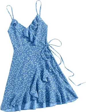 Womens Summer Floral Dress Pleated Ruffle Trim Spaghetti Strap Mini Dress Sexy V Neck Beach Vacation Sundress