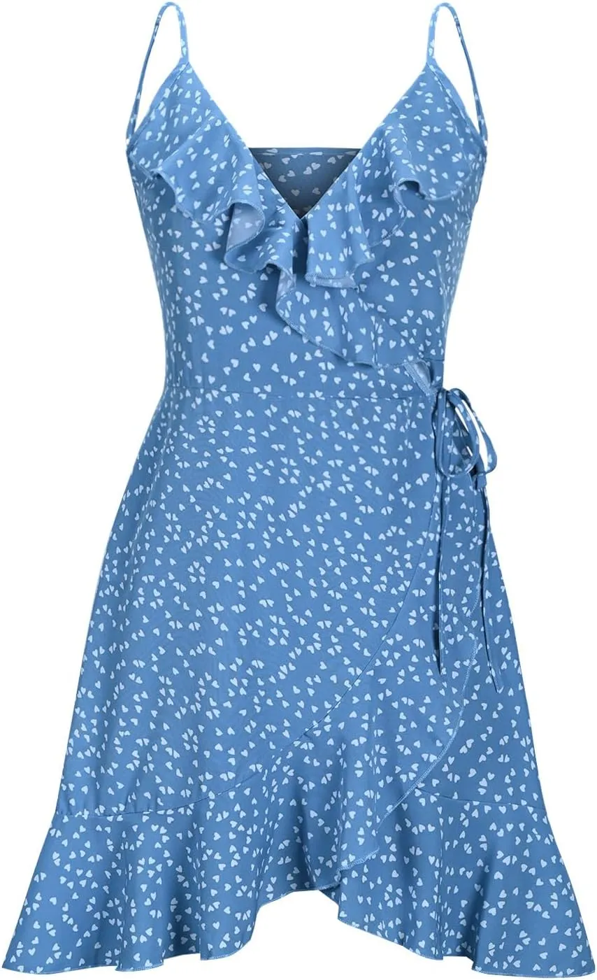 Womens Summer Floral Dress Pleated Ruffle Trim Spaghetti Strap Mini Dress Sexy V Neck Beach Vacation Sundress