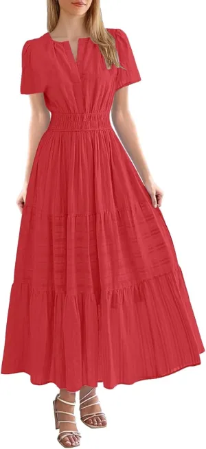 Womens Summer Maxi Dresses Casual V Neck A Line Long Flowy Dress Short Sleeve Smocked Ruffle Beach Vacation Sundress