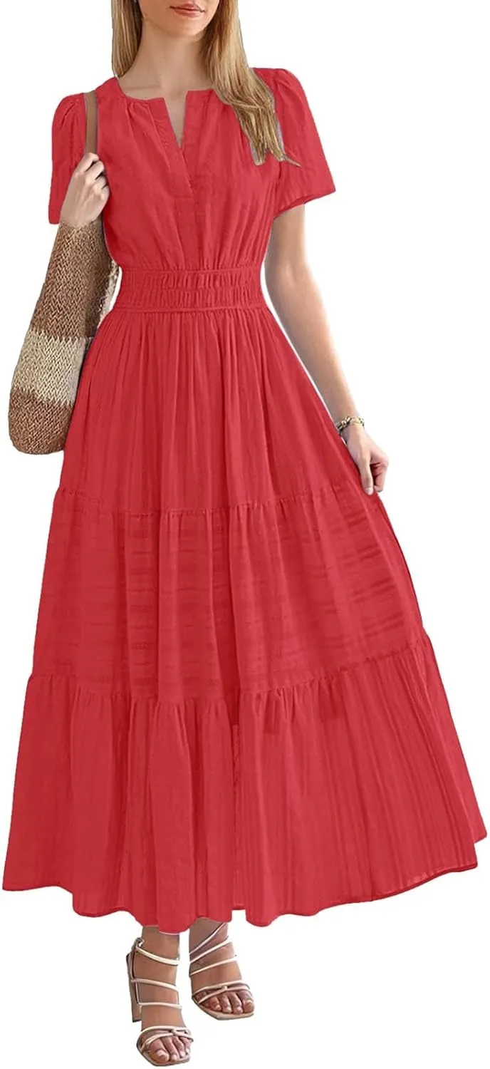 Womens Summer Maxi Dresses Casual V Neck A Line Long Flowy Dress Short Sleeve Smocked Ruffle Beach Vacation Sundress
