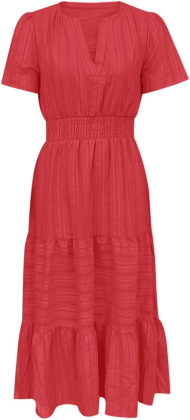 Womens Summer Maxi Dresses Casual V Neck A Line Long Flowy Dress Short Sleeve Smocked Ruffle Beach Vacation Sundress