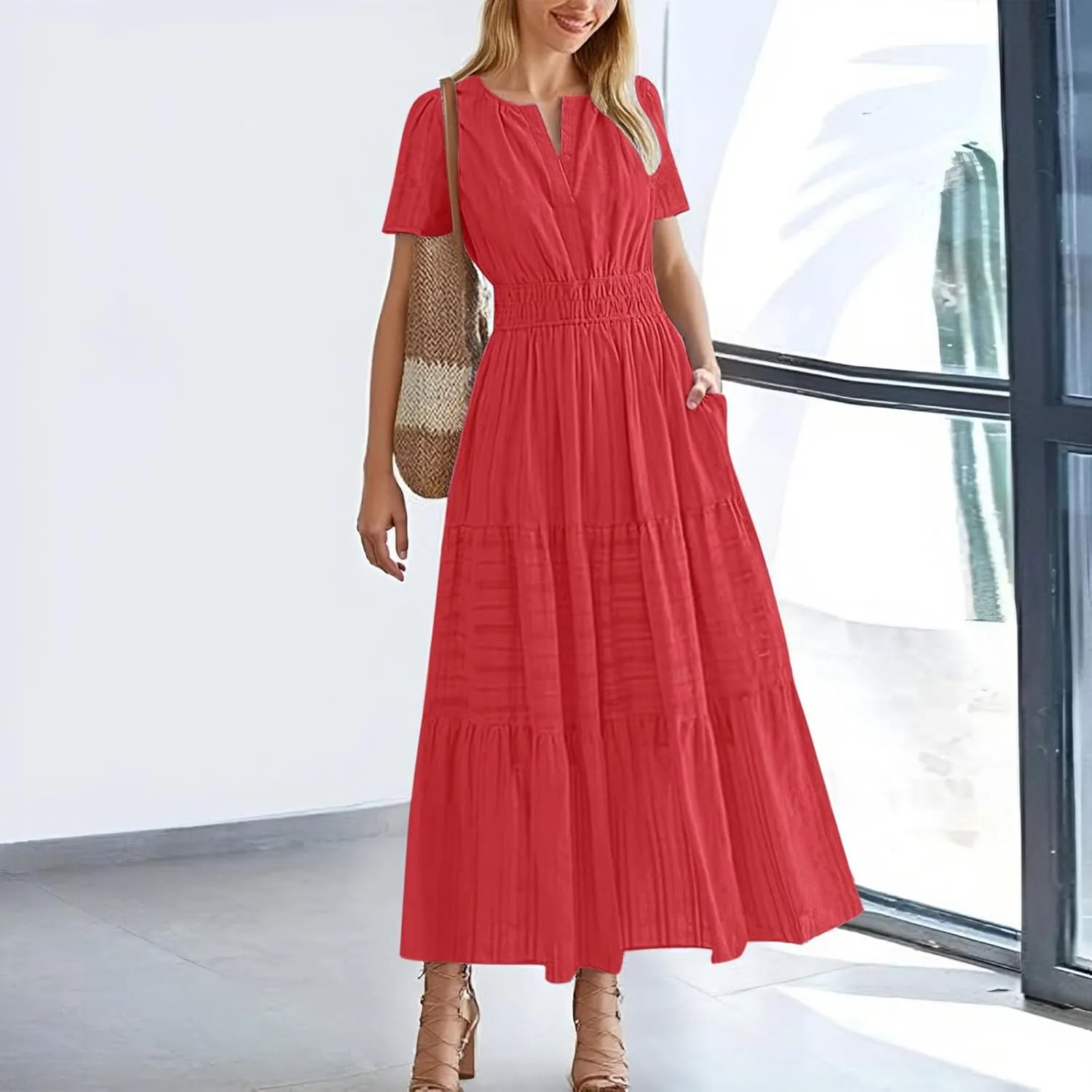Womens Summer Maxi Dresses Casual V Neck A Line Long Flowy Dress Short Sleeve Smocked Ruffle Beach Vacation Sundress