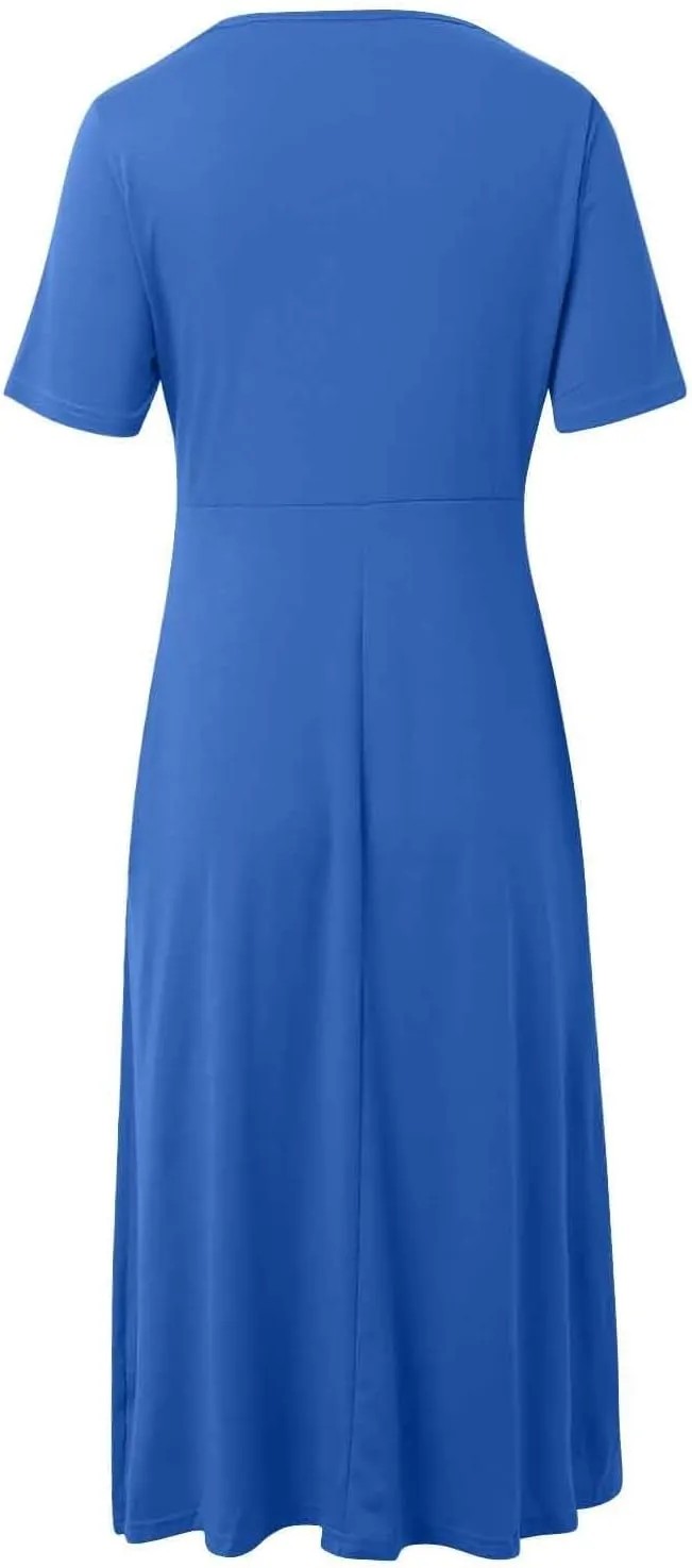 Women's Summer Short Sleeve Maxi Dress 2025 Casual V Neck High Waist A-Line Flowy Loose Solid Boho Long Dresses