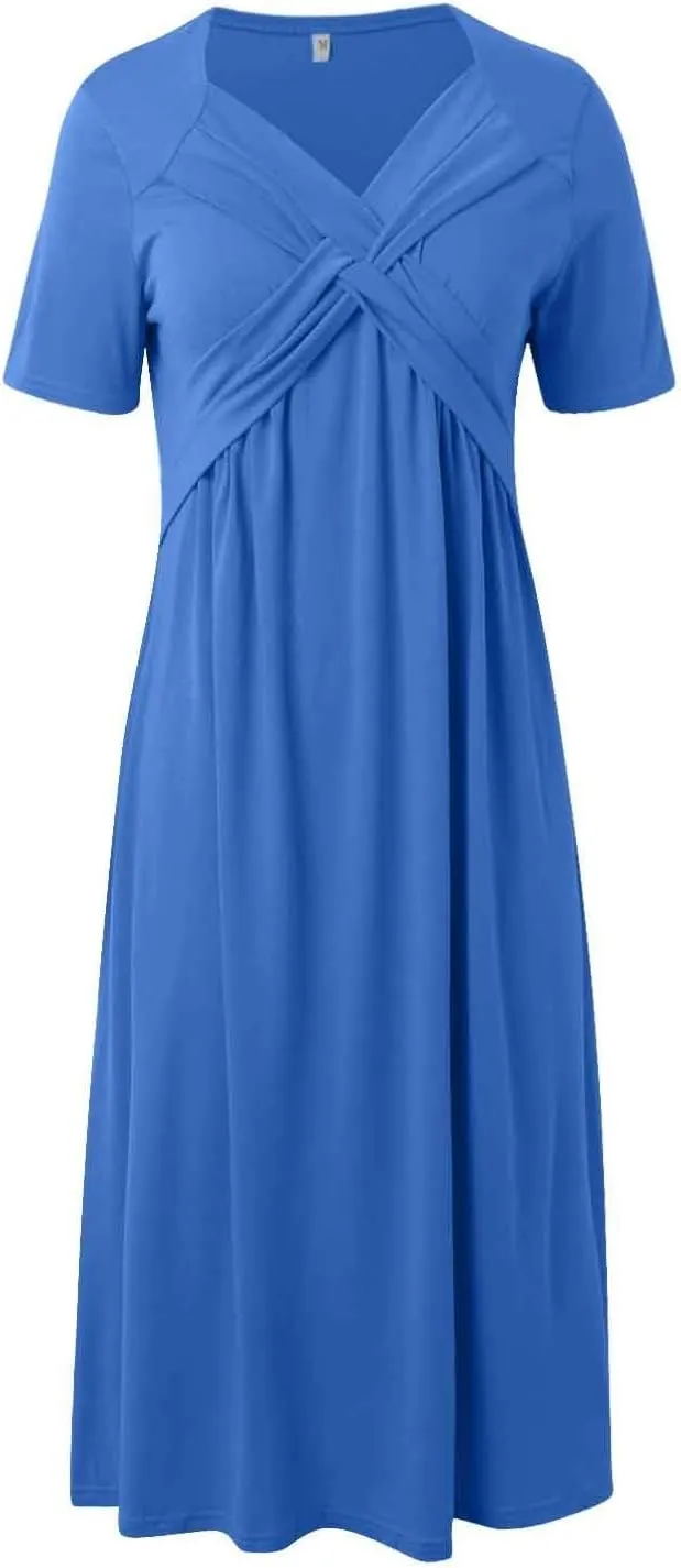 Women's Summer Short Sleeve Maxi Dress 2025 Casual V Neck High Waist A-Line Flowy Loose Solid Boho Long Dresses