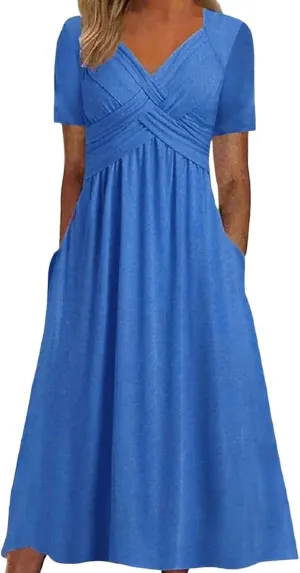 Women's Summer Short Sleeve Maxi Dress 2025 Casual V Neck High Waist A-Line Flowy Loose Solid Boho Long Dresses