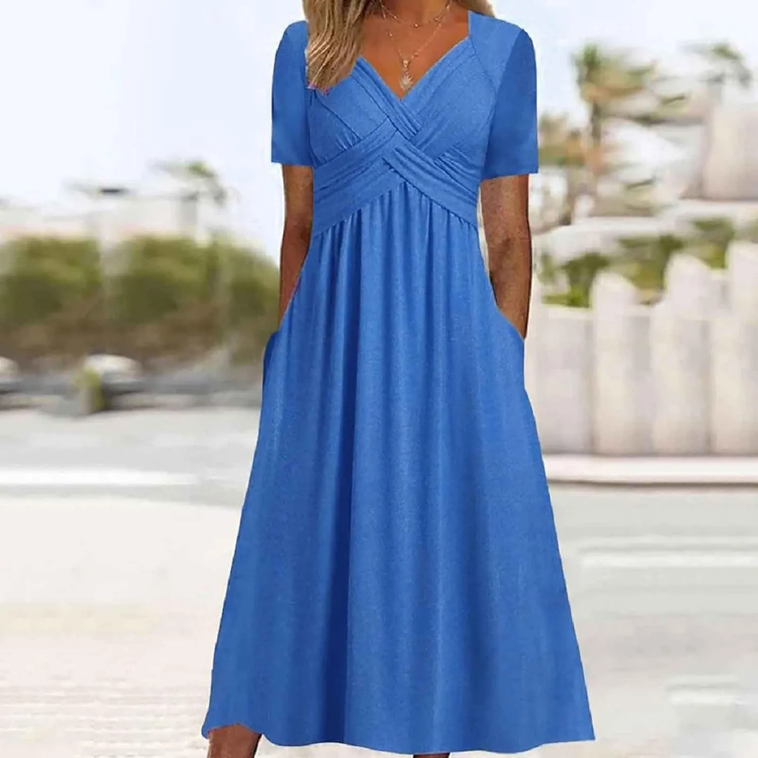 Women's Summer Short Sleeve Maxi Dress 2025 Casual V Neck High Waist A-Line Flowy Loose Solid Boho Long Dresses