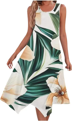 Women's Summer Tank Midi Dresses Floral Printed Sleeveless A-Line Dress Casual T-Shirt Dress Flowy Beach Sundress