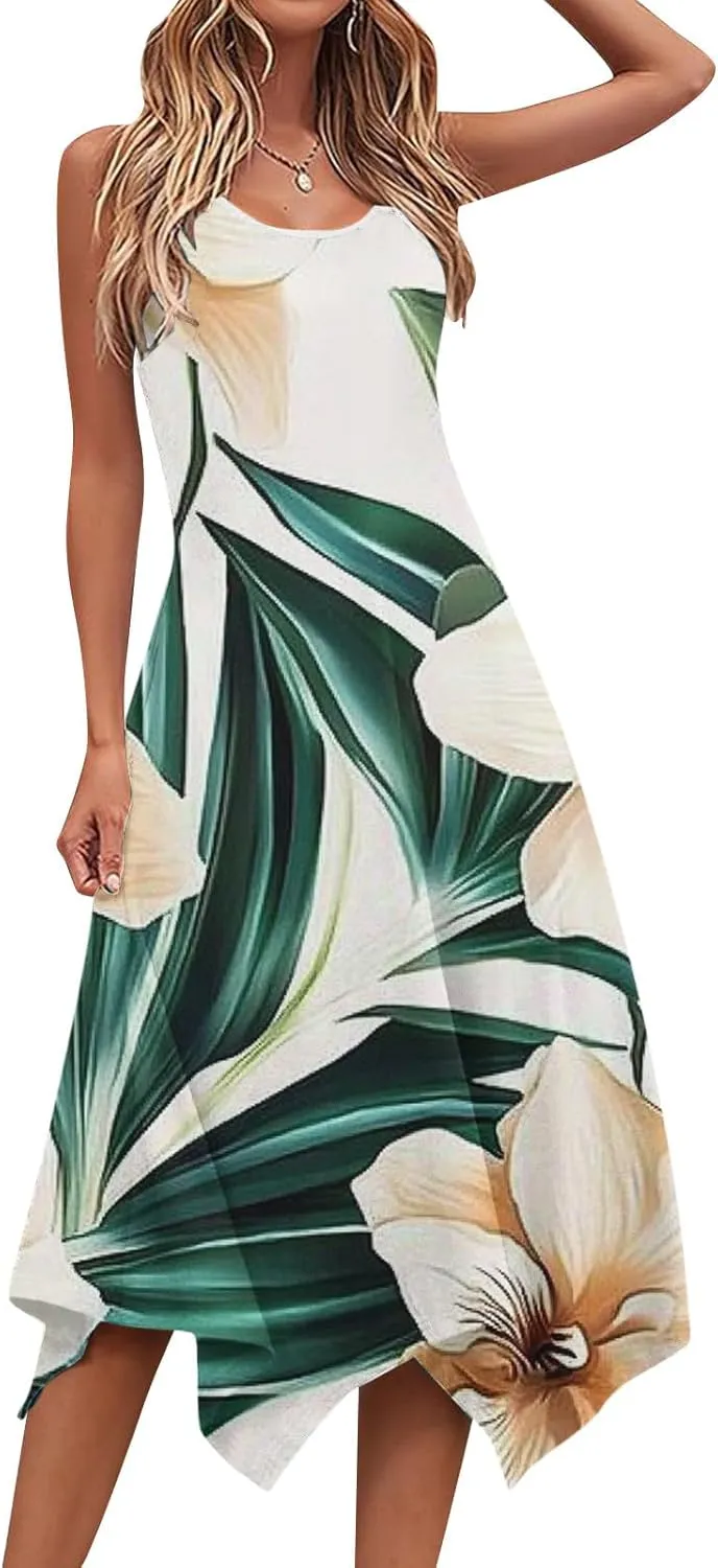 Women's Summer Tank Midi Dresses Floral Printed Sleeveless A-Line Dress Casual T-Shirt Dress Flowy Beach Sundress