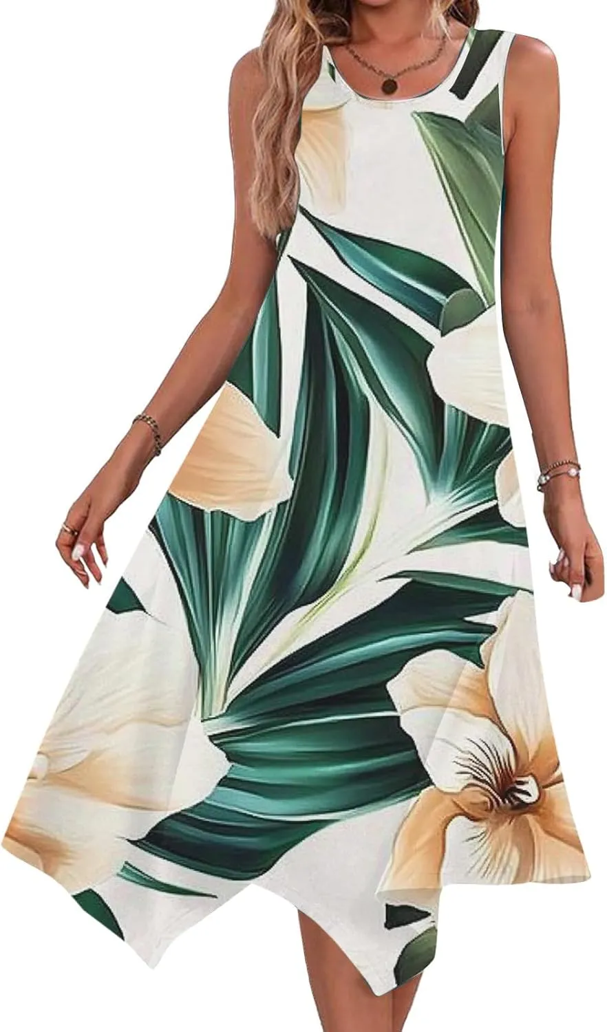 Women's Summer Tank Midi Dresses Floral Printed Sleeveless A-Line Dress Casual T-Shirt Dress Flowy Beach Sundress