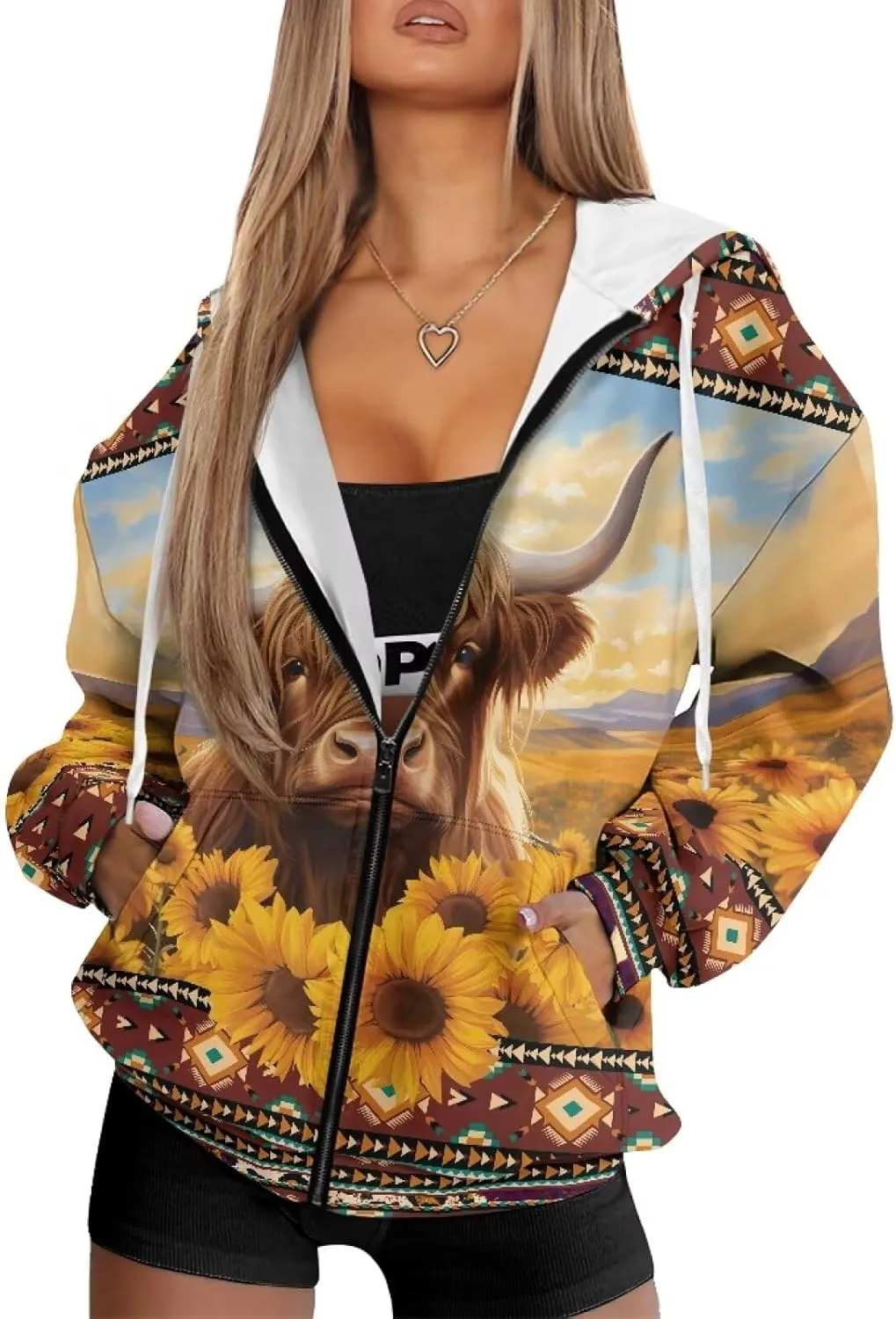 Xpyiqun Zip Up Hoodie Womens Graphic Hoodies Long Sleeve Drawstring Hooded Sweatshirts Fall Jacket with Pockets