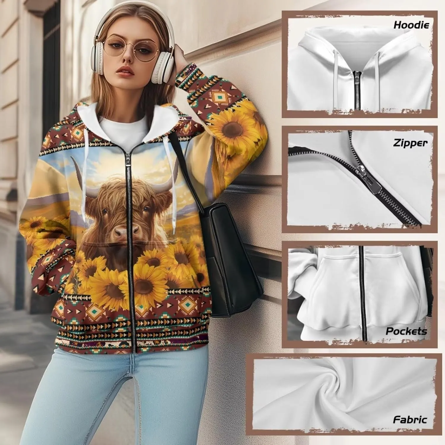 Xpyiqun Zip Up Hoodie Womens Graphic Hoodies Long Sleeve Drawstring Hooded Sweatshirts Fall Jacket with Pockets