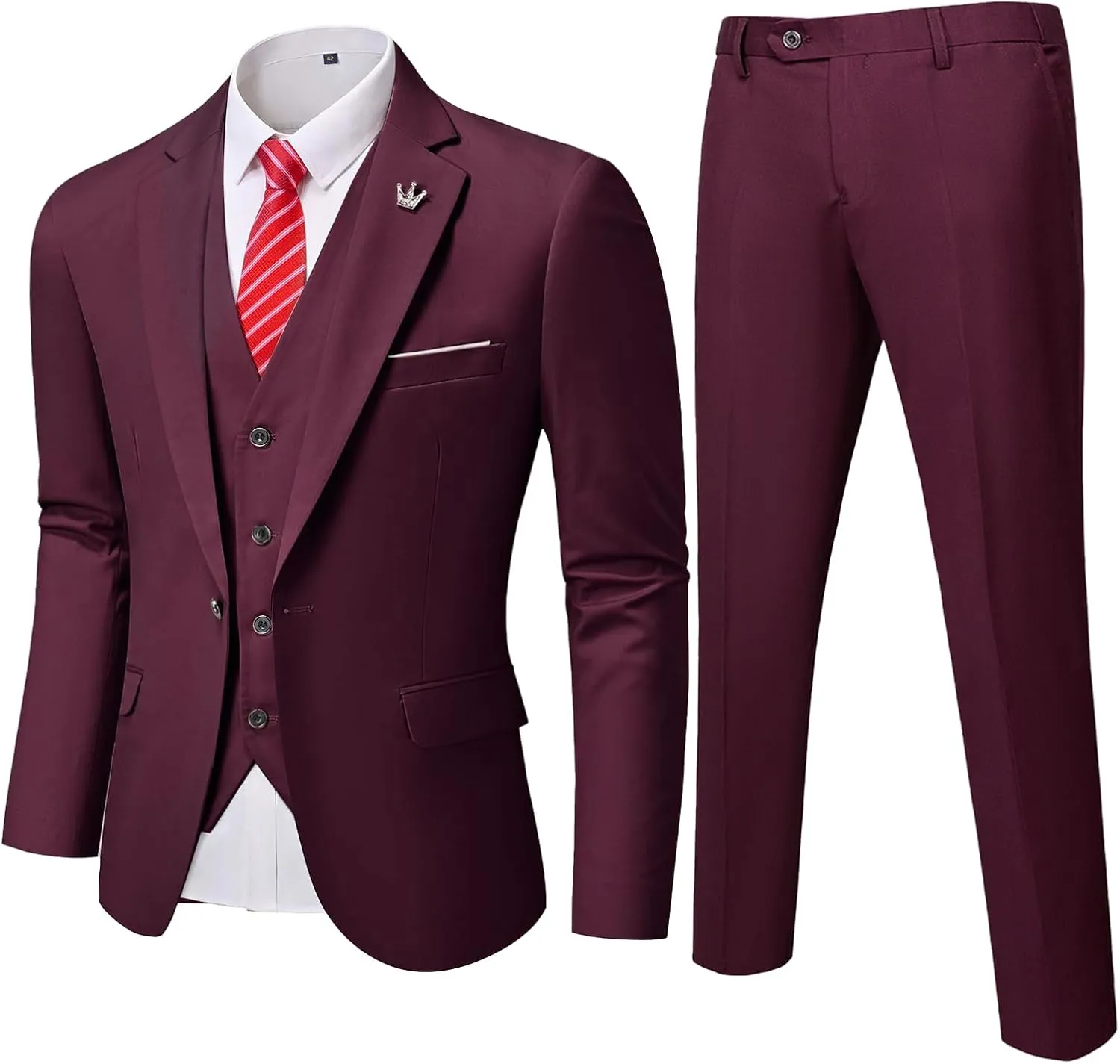 YND Men's Slim Fit 3 Pieces Suit, One Button Solid Jacket Pants Set with Tie for Wedding Party Business Prom