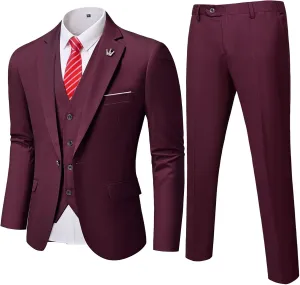 YND Men's Slim Fit 3 Pieces Suit, One Button Solid Jacket Pants Set with Tie for Wedding Party Business Prom