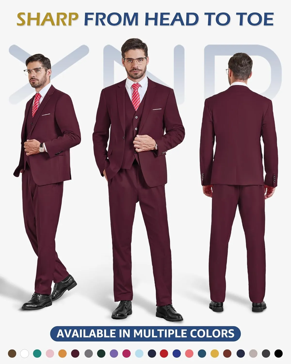 YND Men's Slim Fit 3 Pieces Suit, One Button Solid Jacket Pants Set with Tie for Wedding Party Business Prom