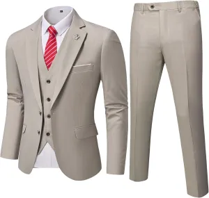 YND Men's Slim Fit 3 Pieces Suit, Two Buttons Blazer Set, Jacket Vest and Pants for Wedding Party Business Prom