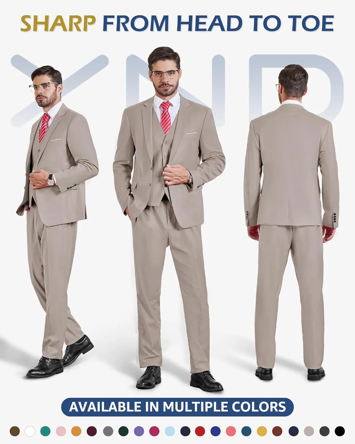 YND Men's Slim Fit 3 Pieces Suit, Two Buttons Blazer Set, Jacket Vest and Pants for Wedding Party Business Prom