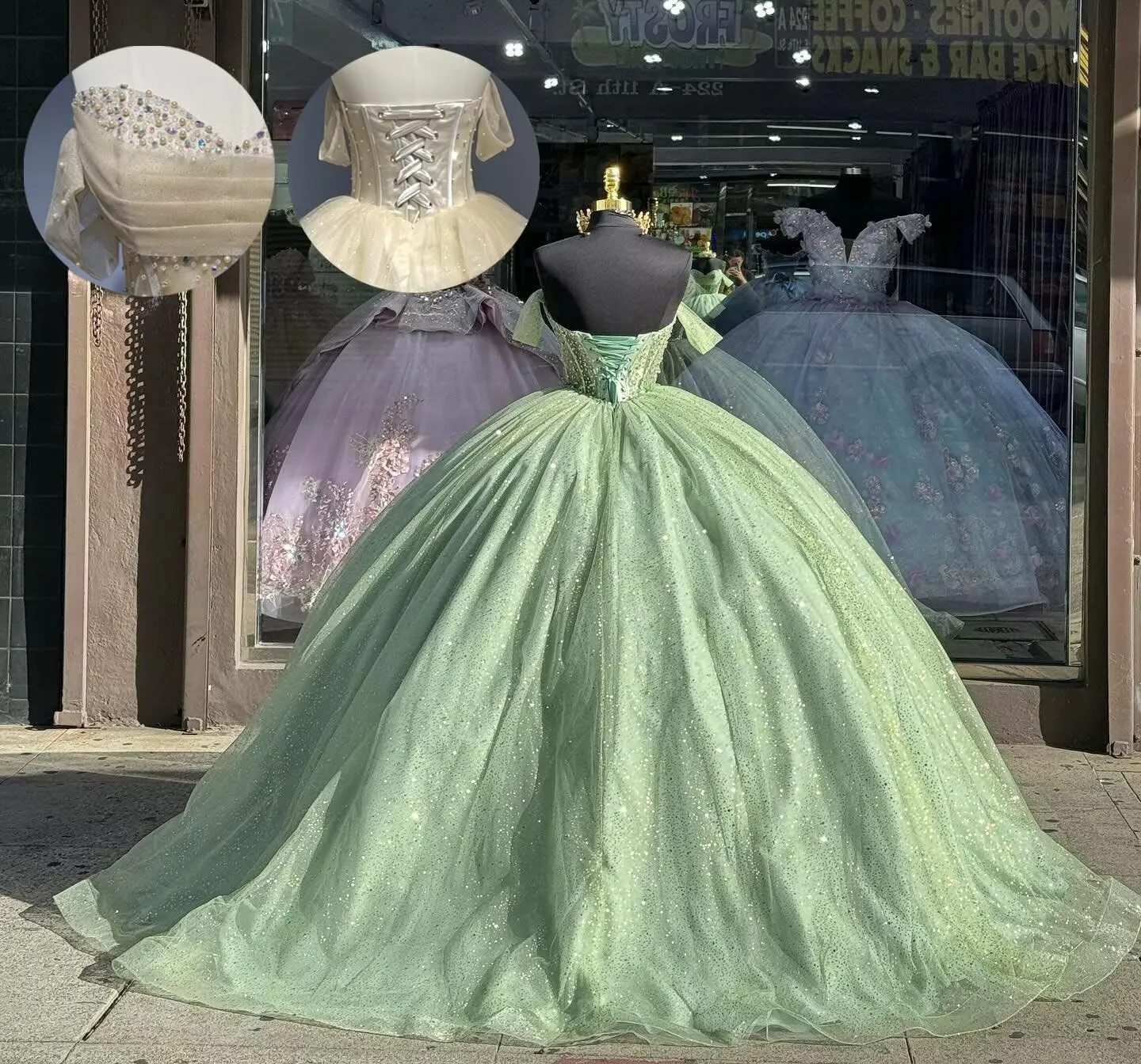 Youjiayi Glitter Tulle Quinceanera Dresses with Train Off Shoulder Beaded Sweet 16 Dresses Pleated Long Ball Gown for Women