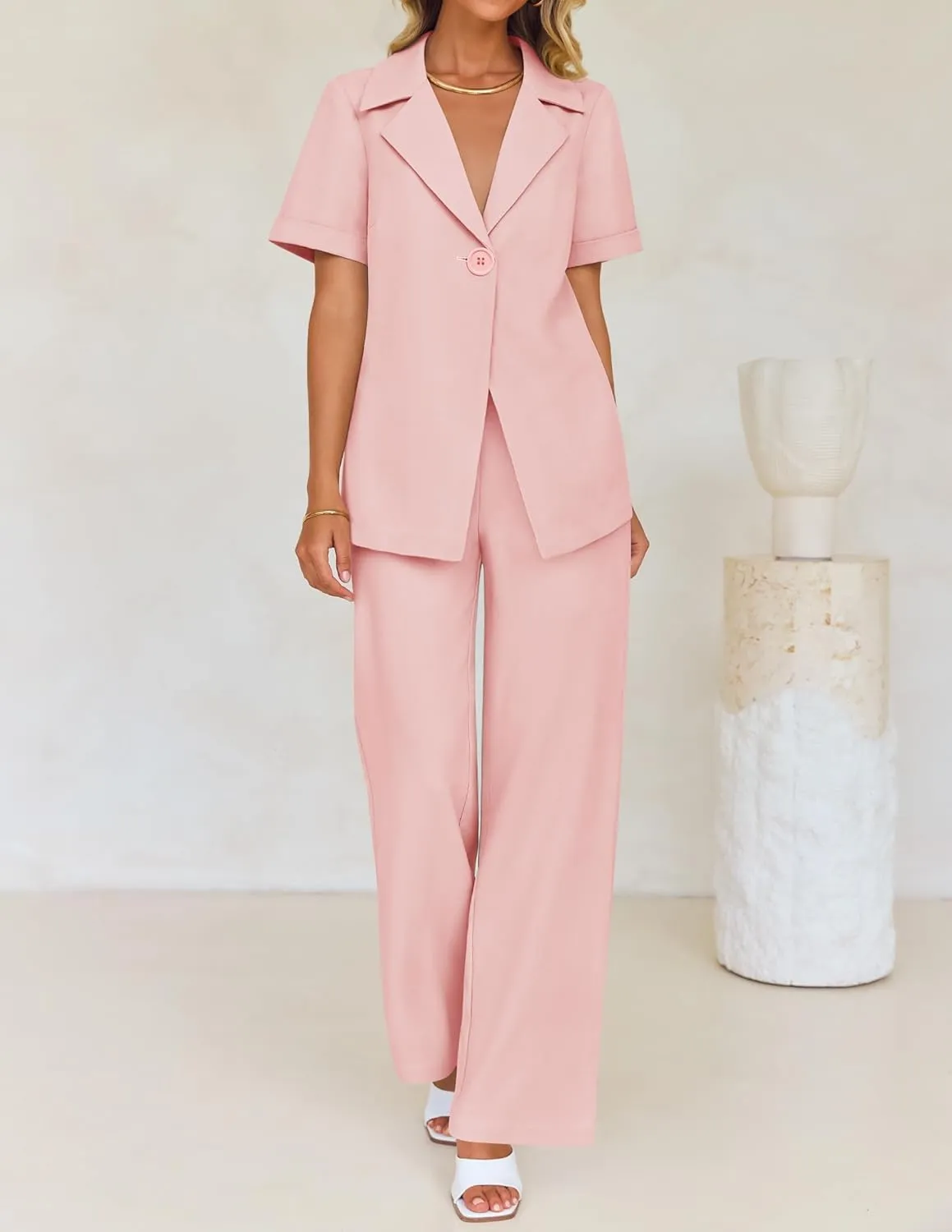 ZESICA Women's 2025 Casual 2 Piece Outfits Short Sleeve Blazer Jacket and Wide Leg Pants Loose Business Suit Sets