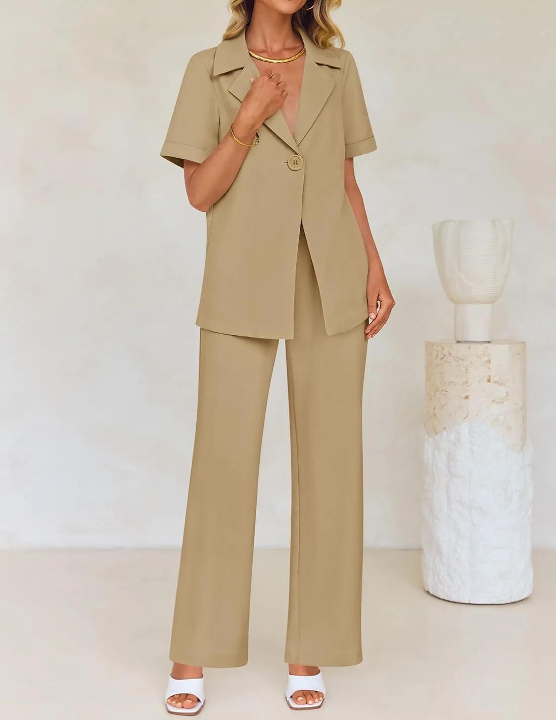 ZESICA Women's 2025 Casual 2 Piece Outfits Short Sleeve Blazer Jacket and Wide Leg Pants Loose Business Suit Sets