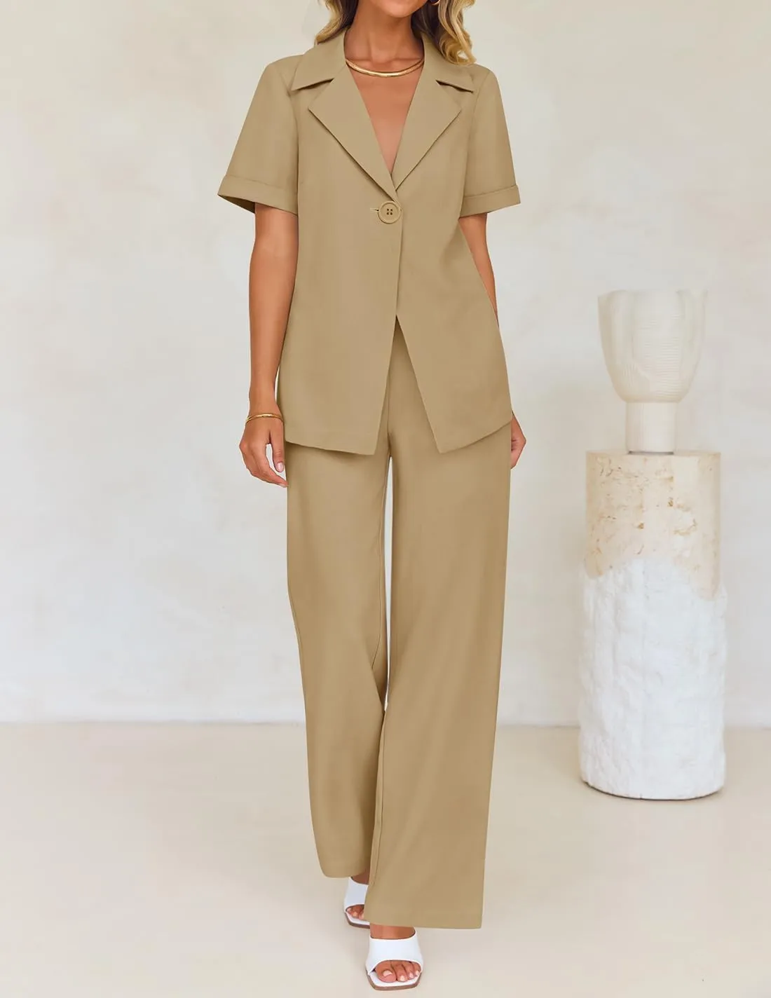 ZESICA Women's 2025 Casual 2 Piece Outfits Short Sleeve Blazer Jacket and Wide Leg Pants Loose Business Suit Sets