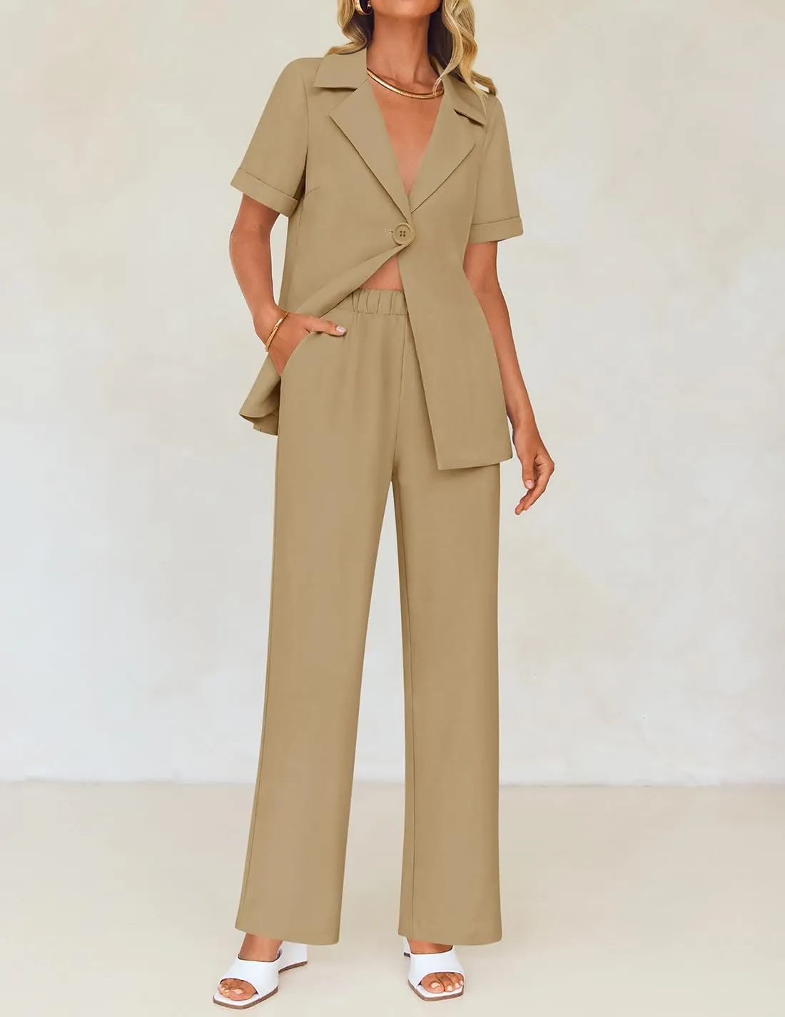 ZESICA Women's 2025 Casual 2 Piece Outfits Short Sleeve Blazer Jacket and Wide Leg Pants Loose Business Suit Sets