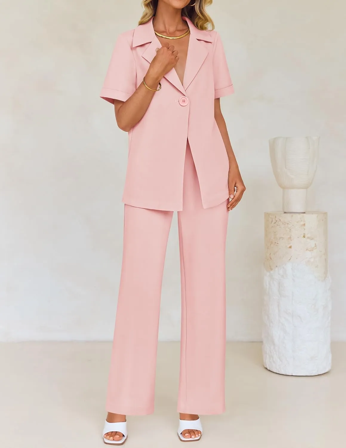 ZESICA Women's 2025 Casual 2 Piece Outfits Short Sleeve Blazer Jacket and Wide Leg Pants Loose Business Suit Sets