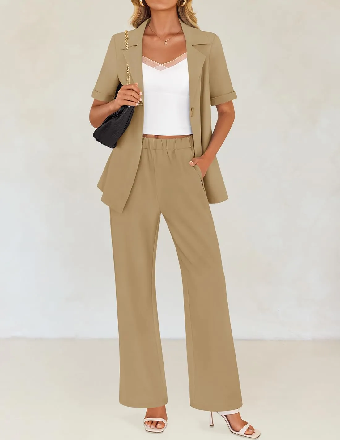 ZESICA Women's 2025 Casual 2 Piece Outfits Short Sleeve Blazer Jacket and Wide Leg Pants Loose Business Suit Sets
