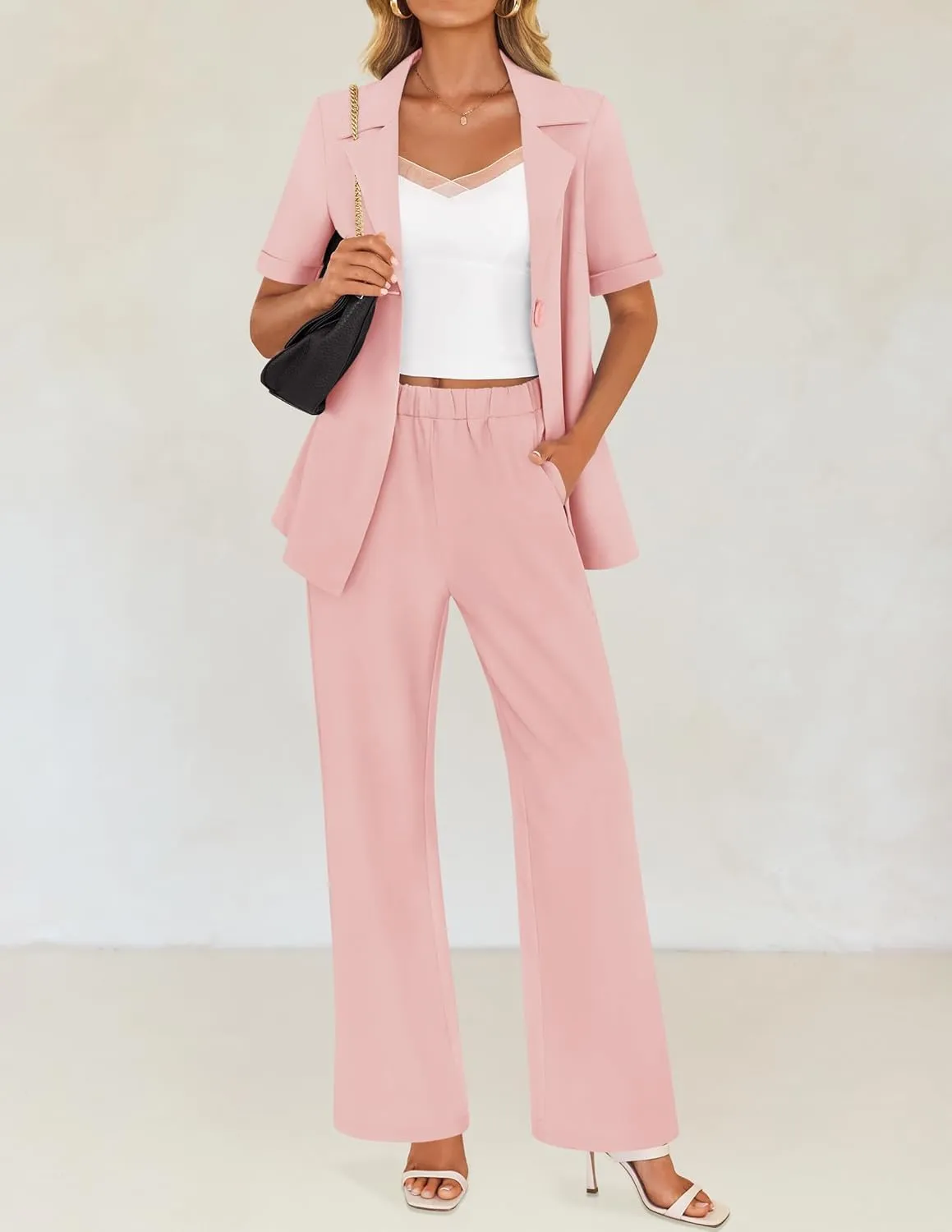 ZESICA Women's 2025 Casual 2 Piece Outfits Short Sleeve Blazer Jacket and Wide Leg Pants Loose Business Suit Sets