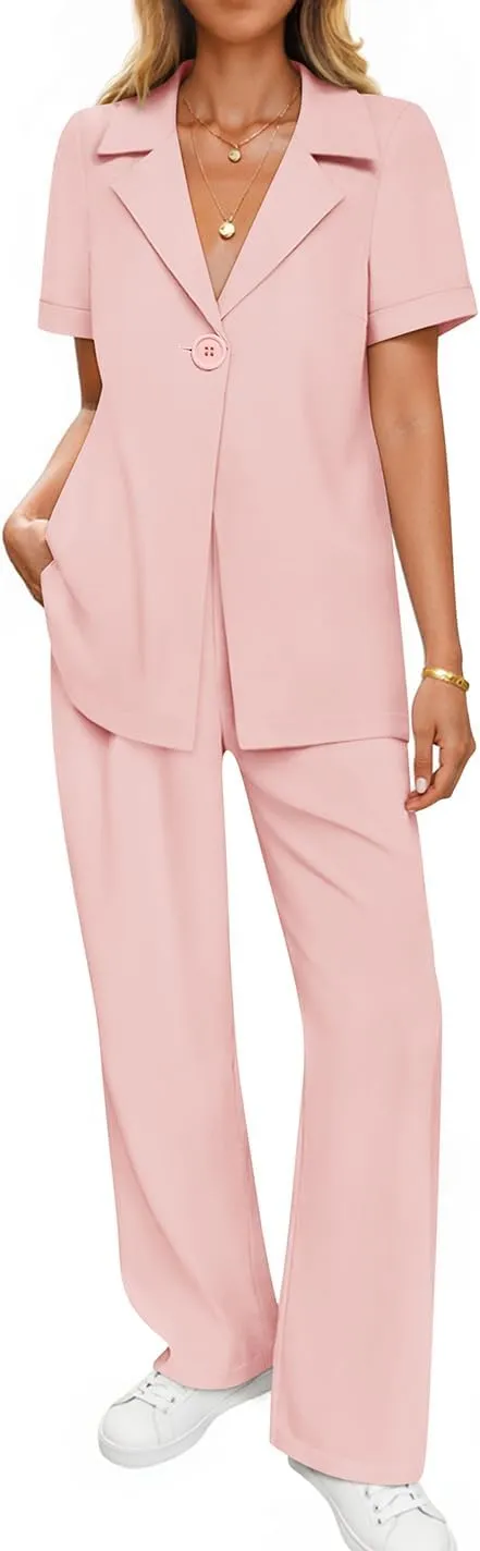 ZESICA Women's 2025 Casual 2 Piece Outfits Short Sleeve Blazer Jacket and Wide Leg Pants Loose Business Suit Sets