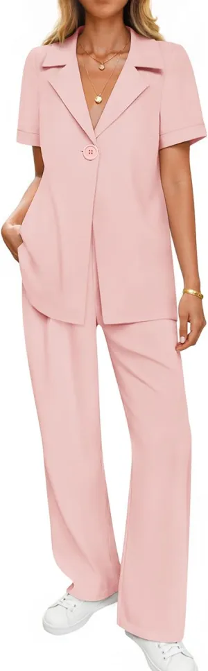 ZESICA Women's 2025 Casual 2 Piece Outfits Short Sleeve Blazer Jacket and Wide Leg Pants Loose Business Suit Sets